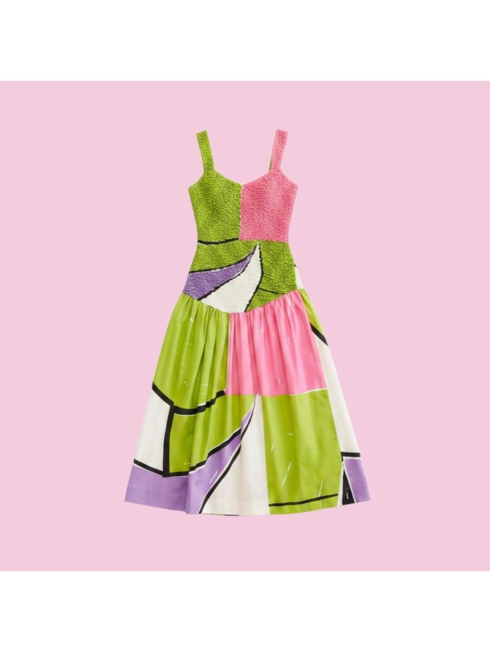 S/W/F Colorblock Abstract Midi Dress with Textured Bodice